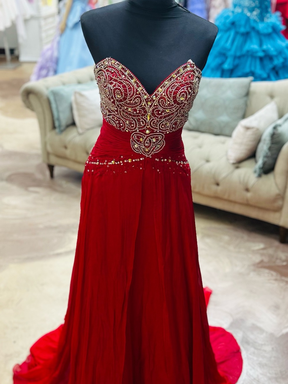 Strapless Beaded Red Evening Gown